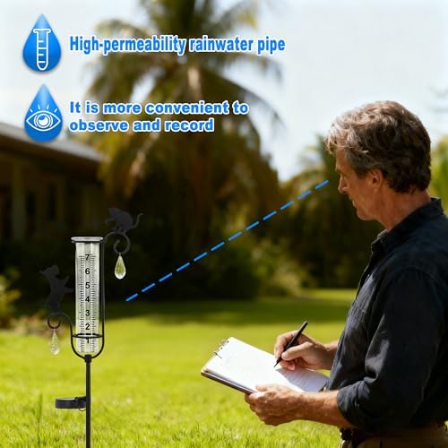 33" Solar Garden Rain Gauge - 7" Glass Tube for Outdoor Indoor Use, Patio Yard Decor Statue,Metal Dog & Cat Rain Gauge.
