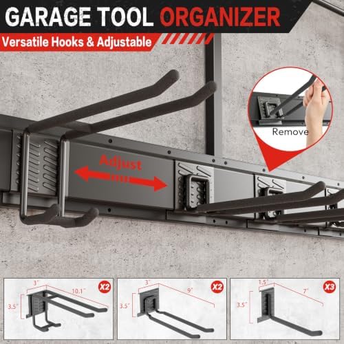 Garage Wall Organizer with Storage Shelves, 48" Garden Tool Organizer with Shelving Units and Hooks Hangers, Heavy Duty Metal Shelf with Shovel Rake Holder, Garage Organization Rack for Yard Shed Lawn