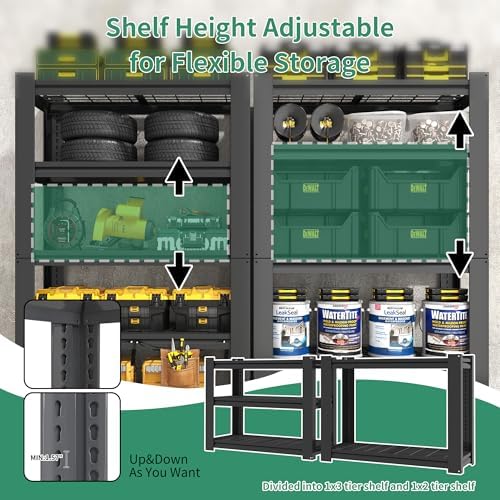 72" H Garage Shelving, Garage Shelves Heavy Duty, 5 Tier Adjustable Storage Shelves for Warehouse, Basement, Workshop, Kitchen, Require Assembly, 16''D*35.5''W*72''H, Black