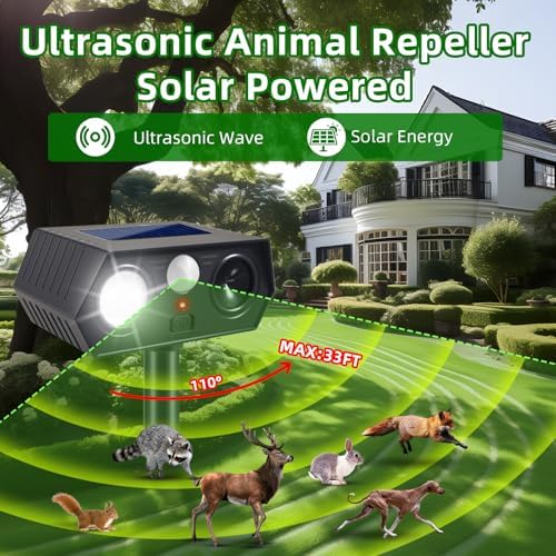 2026 Sonic Fortress Pro Deer Repellent Devices Solar Ultrasonic Animal Repellent Outdoor with Motion Sensor & Flashing Light Cat Squirrel Deterrent to Keep Racoon Rabbit Out of Yard & Garden 4 Pack