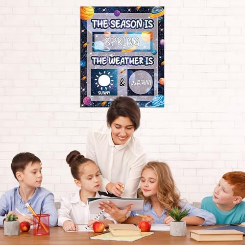 Outer Space Galaxy Season and Weather Calendar Bulletin Board Season Calendar Posters with Weather Cards Hook and Loop Dots for Classroom Wall Decor Preschool Kindergarten Student Teacher Supplies