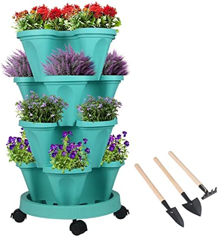 GameXcel Vertical Planter Tower - 4 Tier Stackable Garden Planters with Wheels and Tools Plant Pots for Strawberry Herb Flower and Vegetable Indoor Outdoor Use Teal