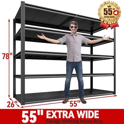 REIBII 78" H Storage Shelves, Garage Shelving Heavy Duty Load 3000LBS, Adjustable Garage Shelving, 5 Tier Metal Shelves Unit for Storage Rack, Basement, 55" W x 26" D x 78" H, Black, 2 Pack