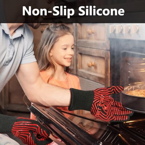 QUWIN BBQ Gloves, BBQ Accessories 1472℉ Extreme Heat Resistant, Grilling Gloves Silicone Non-Slip Oven Mitts, Kitchen Gloves for BBQ, Grilling, Cooking, Baking-1 Pair 11inch, Red