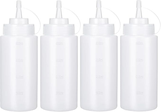 Condiment Squeeze Bottles Ketchup Dispenser, 4 Pack 16oz Squeeze Bottles for Liquids, Plastic Sauce Bottle with Cap Lid, Squirt Bottles for Sauces Liquids BBQ Dressing Pancake Art