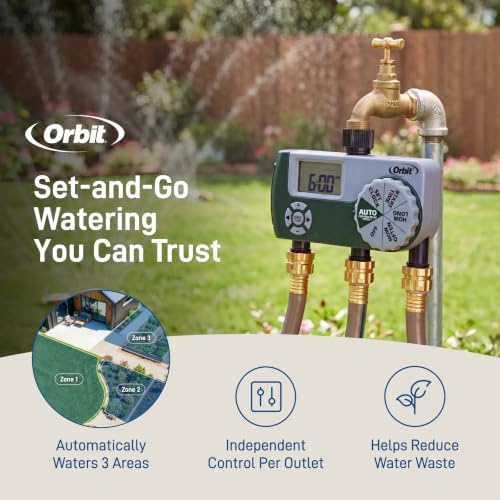 Orbit Programmable Digital Hose Watering Timer - 3 Outlet - Battery Powered - with LCD Screen - Built-in Rain Delay - Water-Resistant - 56082