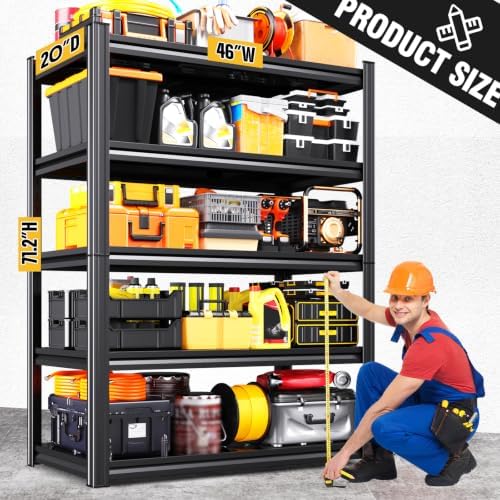 5-Pack Heavy Duty Garage Shelving for Large Storage & Garage Organization, 71"H x 46"W x 20"D Adjustable 5-Tier All Metal Storage Shelf for Tools, Storage Bins, Bulk Items, Warehouse & Workshop