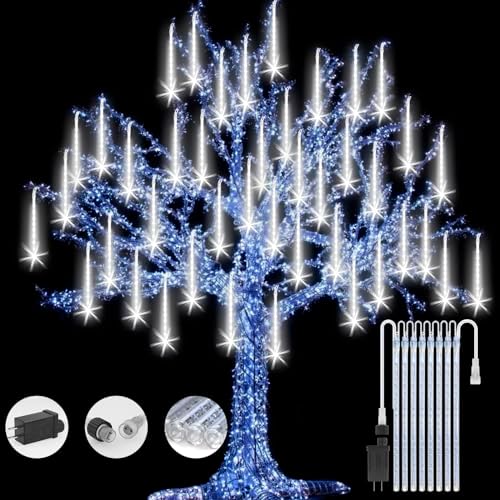 Christmas Lights Meteor Shower Rain Light Falling Rain Lights with 8 Tubes 192 LEDs Waterproof Icicle Snow Fall String Lights for Party Tree Home Patio Outdoor Decoration(8 Tubes,White)