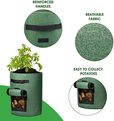Delxo 5 Pack 10 Gallon Potato Grow Bags, Garden Planting Growing Bag with Flap, Double Layer Breathable Nonwoven Cloth for Potatoes/Planter/Vegetable/Tomato Fabric Pots with Handles Green