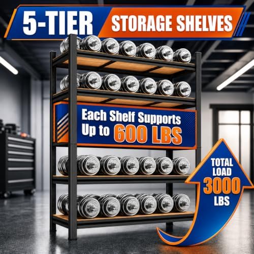PRESTELION Heavy Duty Garage Shelving with Adjustable Wood Shelves 5 Tier