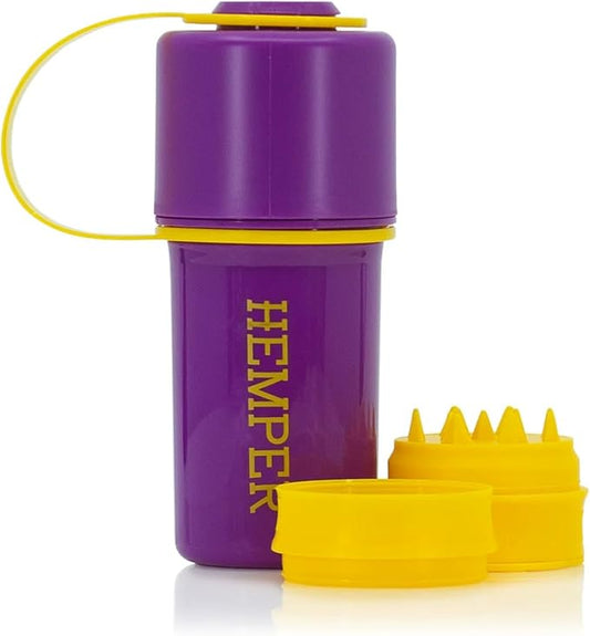 Hemper Keeper 3‑in‑1 Herb Grinder with Dual Storage Container - Smell‑Proof, Airtight & Water‑Resistant - Built‑In Removable Grinder, Dual Compartments for Flower & Ground - (Purple & Yellow)