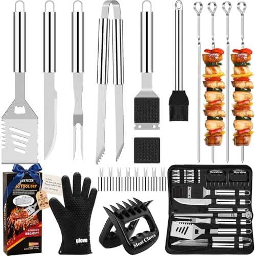 ROMANTICIST 23pcs Heavy Duty Grilling Gifts for Men Dad Fathers Day, Extra Thick BBQ Accessories Tools Set, Stainless Steel Grill Utensils Kit with Meat Claws,Canvas Bag for Outdoor Camping Silver