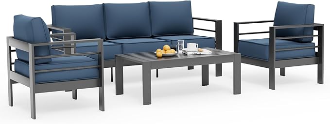 UDPATIO 6 Piece Aluminum Patio Furniture Set, Oversized Modern Outdoor Furniture Set with Olefin Fabric Cushion for Patio Deck Backyard, Dark Grey/Navy(with Waterproof Covers)