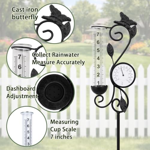 Butterfly Rain Gauge Garden Decor, 32" Thermometer Patio Decor, 7" Capacity Rain Gauge Replacement Tube Glass, Outdoor Temperature Patio Decor