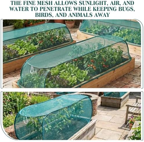 Threehoney 4 Pcs 45'' x 20'' x 18'' Pop up Garden Mesh Plant Cover Outdoor Plant Protector Garden Row Raised Bed Cover with Ground Nails Crop Cage Net for Seedlings Vegetable Fruit Herbs (Dark Green)