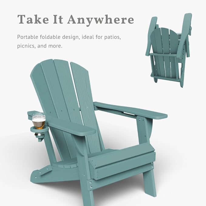 Folding Adirondack Chair with Cup Holders Set of 2, HDPE Plastic Outdoor Chairs, Weather Resistant, Real Wood Look for Patio, Deck, Fire Pit, Backyard, Aruba Blue