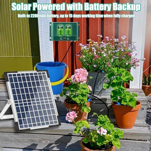 Lewisia 10W Solar Automatic Drip Irrigation Kit Auto Watering System Solar Powered Auto-Irrigation Set for Garden Raised Beds Patio Lawn Greenhouse Potted Plants Up to 50 Plants