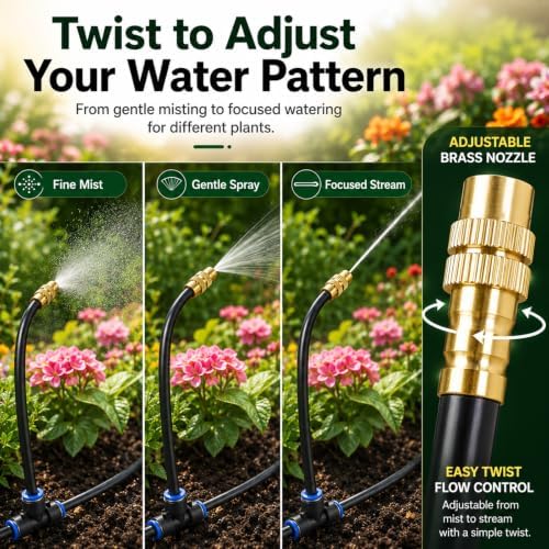 5/16" Drip Irrigation System 100 ft for with 20-Pcs 360° Adjustable Copper Nozzles for Garden, Automatic Misting Watering Sprinkler System Raised Beds, Greenhouse (100ft+20 nozzles)