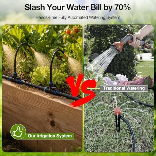 Bluepro Drip Irrigation System 200FT 1/4", 2026-Upgrade Garden Sprinkler Kit with 32PCS 360° Adjustable Copper Nozzles, Automatic Misting Watering System for Raised Beds, Greenhouse, Lawn, Patio