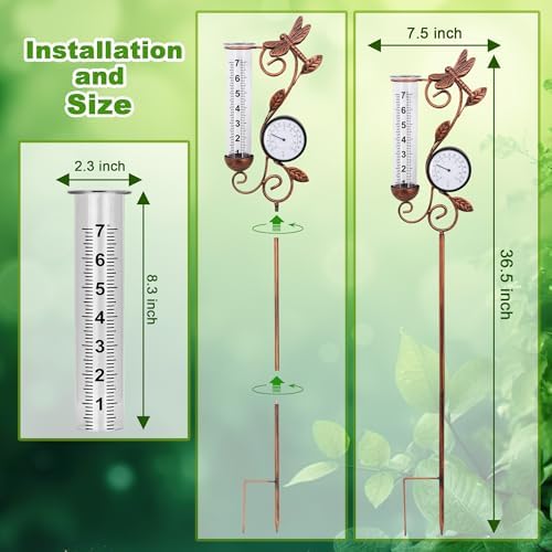Dragonfly Rain Gauge Garden Decor, 32" Thermometer Patio Decor, 7" Capacity Rain Gauge Replacement Tube Glass, Outdoor Temperature Patio Decor
