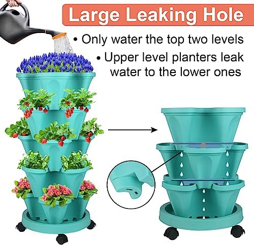 DUNCHATY Stackable Planter, Vertical Garden Planter with Wheels and Garden Tools, Strawberry Planter Indoor/Outdoor 5 Tier Herb Planter Pots for Growing Vegetables and Succulents,Teal