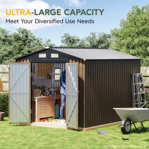 Breezz Outdoor Steel Storage Shed with Floor Frame, 10 x 8 ft, Brown