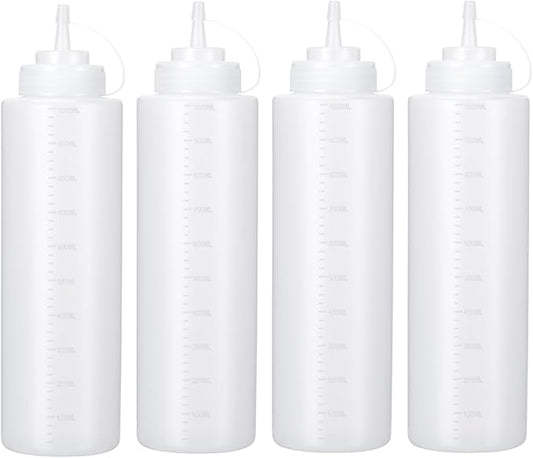 Condiment Squeeze Bottles Ketchup Dispenser, 4 Pack 32oz Squeeze Bottles for Liquids, Plastic Sauce Bottle with Cap Lid, Squirt Bottles for Sauces Liquids BBQ Dressing Pancake Art