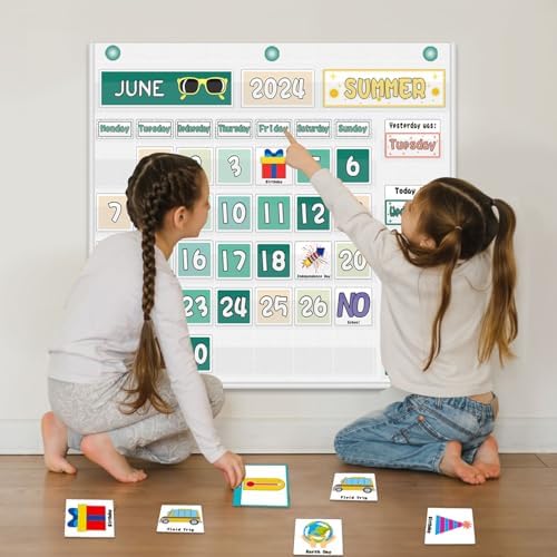 Mewise Classroom Calendar Pocket Chart for Wall, Weather Pocket Chart for Kids, Groovy Classroom Decor Set Includes 126 Cards, Hanging Display for School, Homeschool, Kindergarten, Bulletin Board (White)