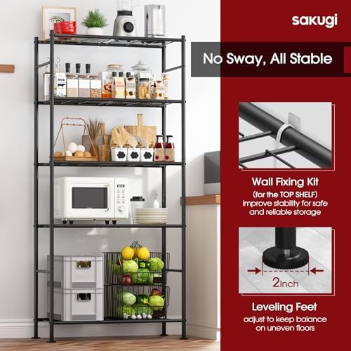 Sakugi Storage Racks - 2 Pack, 5-Tier Freestanding Steel Shelving Units with Reinforced Frame, Adjustable Garage Organization Shelves for Warehouse, Basement, Workshop, 33.5" x 12.6" x 72", Black