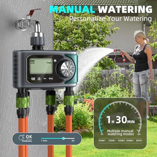 Sprinkler Timer for Outdoor Hose Faucet 4 Zone, Programmable Hose Timer with Rain Delay/Manual/Automatic Watering System, Water Timers for Garden Hose, Digital Drip Irrigation for Yard Lawn Outdoor