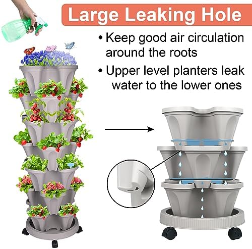 GameXcel Vertical Planter Tower - 7 Tier Stackable Garden Planters with Wheels and Garden Tool Set Plant Pots for Strawberry Herb Flower and Vegetable Indoor Outdoor Use Gray