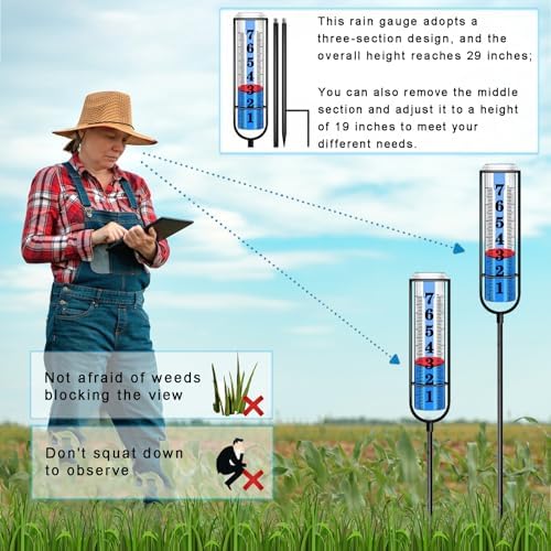 Rain Gauge Outdoor, Rain Gauges Outdoors Best Rated, Accurate Rain Measure Gauge for Garden, Thickened Tube Rain Meter with Stake, Adjustable Height & Large Font Water Gauge for Rain, Easy to Read