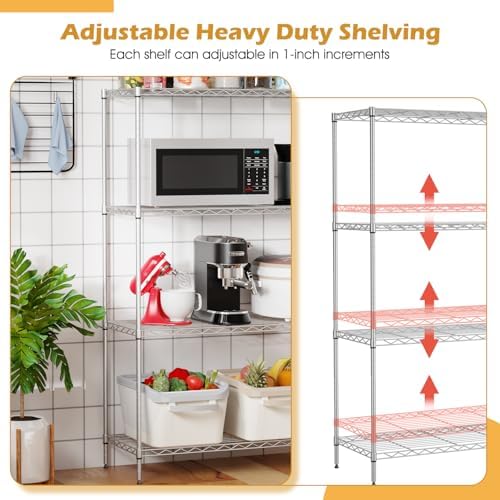 PayLessHere 4 Tier Shelving Unit 13.4" D×35" W×53.7" H Metal Shelving Standing Storage Shelf with 4 Steel Frame Adjustable Layer Racks Metal Commercial Shelf for Kitchen, Garage (Chrome)