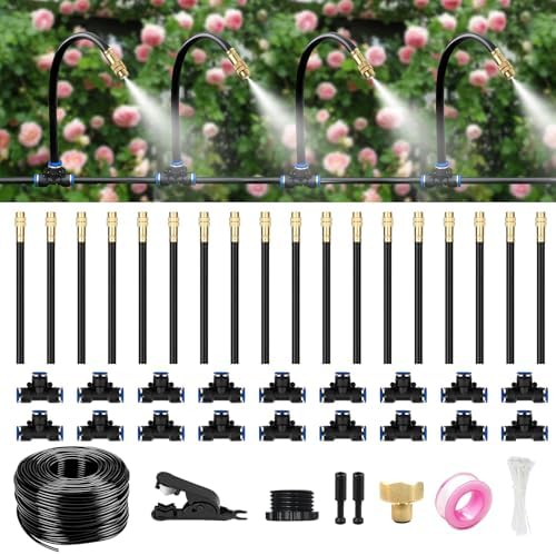 60FT Drip Irrigation System for Garden – Automatic Watering Kit with Solid Brass Metal Connectors, 360° Bendable Tubing &16 Adjustable Nozzles for Greenhouse, Lawn, Yard & Plants