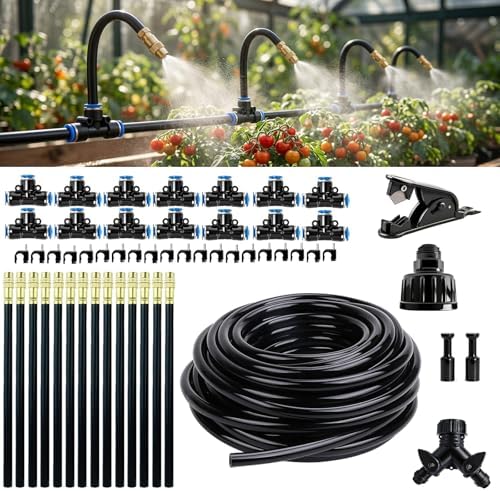 2026-Upgrade 100Ft 1/4" Drip Irrigation System,Garden Watering Kit with 20Pcs 360° Adjustable Copper Nozzles,Automatic Atomizing Sprinkler,DIY for Outdoor,Lawn,Greenhouse,Raised Beds (50FT/14pcs)