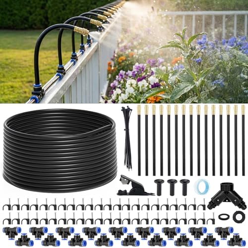 60FT Drip Irrigation Kit, 6mm Hose with Dual Outlet Splitter with Independent Valves & 15 360° Adjustable Brass Nozzles & 18 Snap-On Tees, DIY Automatic Watering for Greenhouse, Raised Beds, Garden