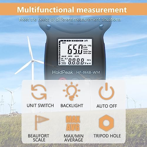 HoldPeak Handheld Anemometer Barometer, Weather Meter for Wind Speed, Temperature, Humidity, Dew Point, Altitude, Barometric Pressure, Wind Chill Measuring, Digital Wind Guage 866B-WM