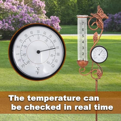 Butterfly Rain Gauge Garden Decor, 32" Thermometer Patio Decor, 7" Capacity Rain Gauge Replacement Tube Glass, Outdoor Temperature Patio Decor