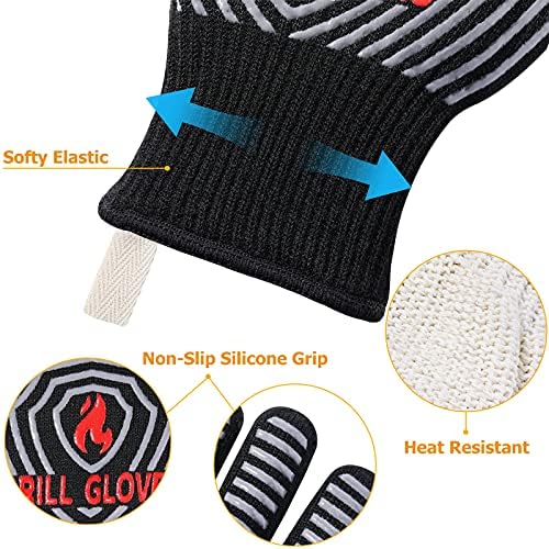 QUWIN BBQ Gloves, 1472°F Heat Resistant Grilling Gloves Silicone Non-Slip Oven Mitts, Kitchen Gloves for BBQ, Grilling, Cooking, Baking(One Size Fits Most, Black)- 1 Pair