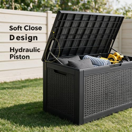 120 Gallon Deck Box,Lockable Outdoor Storage Box Gas Lift,Waterproof Black