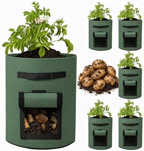 Delxo 5 Pack 10 Gallon Potato Grow Bags, Garden Planting Growing Bag with Flap, Double Layer Breathable Nonwoven Cloth for Potatoes/Planter/Vegetable/Tomato Fabric Pots with Handles Green