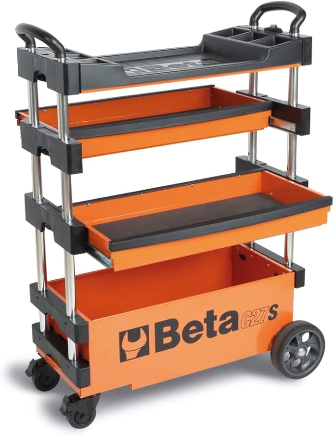Beta C27S Collapsible Rolling Tool Cart | Heavy-Duty Mobile Metal Tool Trolley with Locking Drawers, 4” Steering Wheels, Brake System | Thermoplastic Worktop | Orange