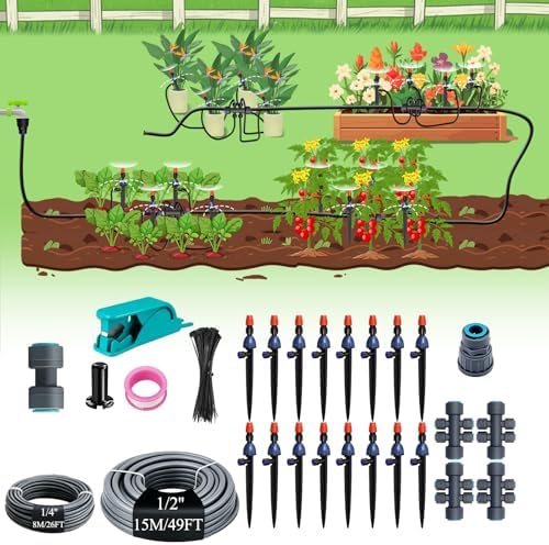 MYMULIKE 75FT Drip Irrigation System, Adjustable Drip Emitters, Upgraded Drip Irrigation Kit Automatic Irrigation Kit Garden Watering System for Flower Bed, Raised Beds, Lawn, Greenhouses