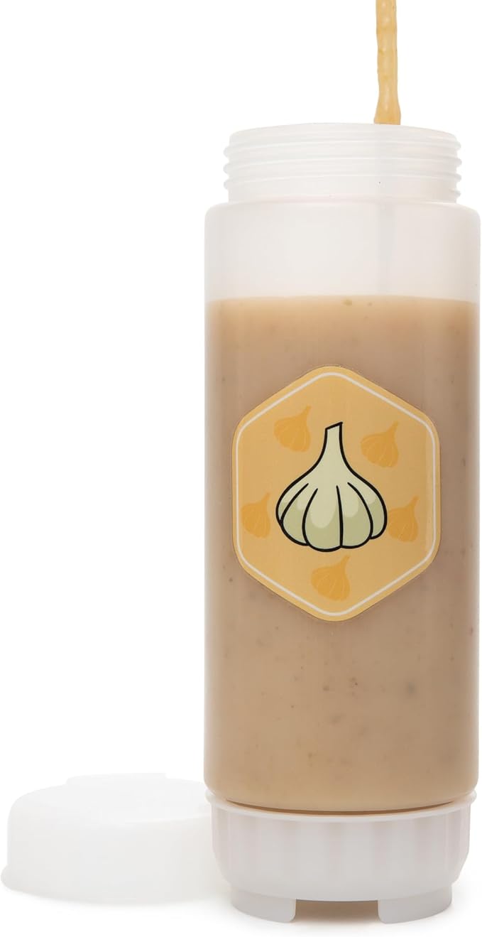 18oz Refillable FIFO Squeeze Bottle for Garlic Sauce – BPA-Free No-Drip Condiment Dispenser with White Twist Cap, Dishwasher Safe, Ideal for Garlic Cream Sauce, Aioli, Dressings