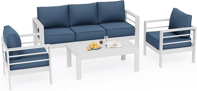 UDPATIO 6 Piece Aluminum Patio Furniture Set, Oversized Modern Outdoor Furniture Set with Olefin Fabric Cushion for Patio Deck Backyard, White/Navy(with Waterproof Covers)
