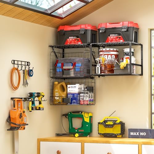 ThreeHio Garage Shelf Wall Mounted with Wire Baskets, Heavy Duty Garage Wall Shelving with Garden Tool Rack and Hooks, Wire Shelf Baskets Tool Organizer for Home Garden Yard Organization and Storage