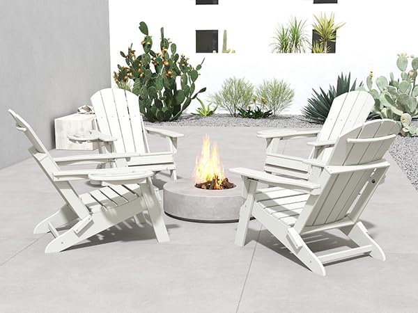 FOOWIN Folding Adjustable Adirondack Chair Set of 6,HDPE Adirondack Chair w/4 in 1 Cup Holder Trays,All-Weather Resistant Fire Pit Chair, Outdoor Chair for Patio Lawn Poolside,400lbs,White