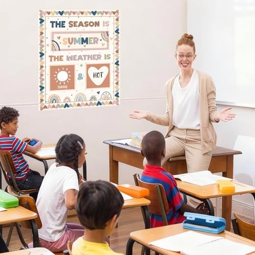 Boho Season and Weather Calendar Bulletin Board Season Calendar Posters with Weather Cards Hook and Loop Dots for Classroom Bulletin Board Wall Decor Preschool Kindergarten Student Teacher Supplies