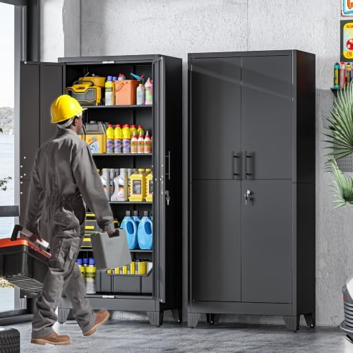 Tall Metal Storage Cabinet with Lock, 4 Adjustable Shelves, Steel Cabinet