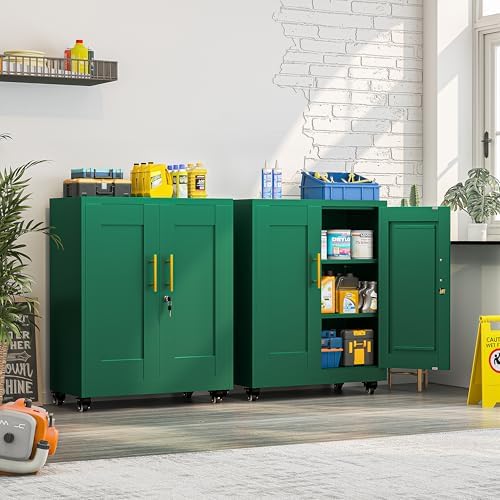 Small Metal Storage Cabinet with Wheels, Lockable Tool Cabinet with Doors
